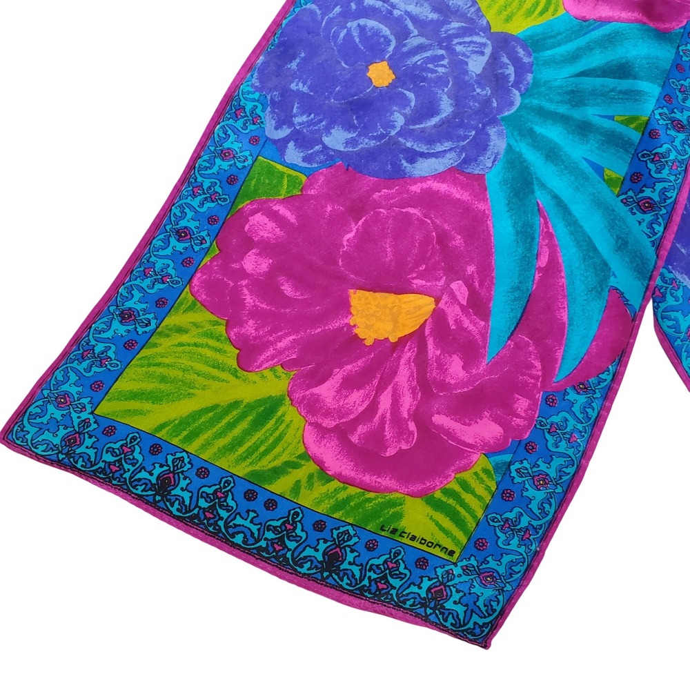 Liz Claiborne Silk Scarf Floral Pink‎ Blue Green Tropical Accent Accessory - Picture 2 of 4